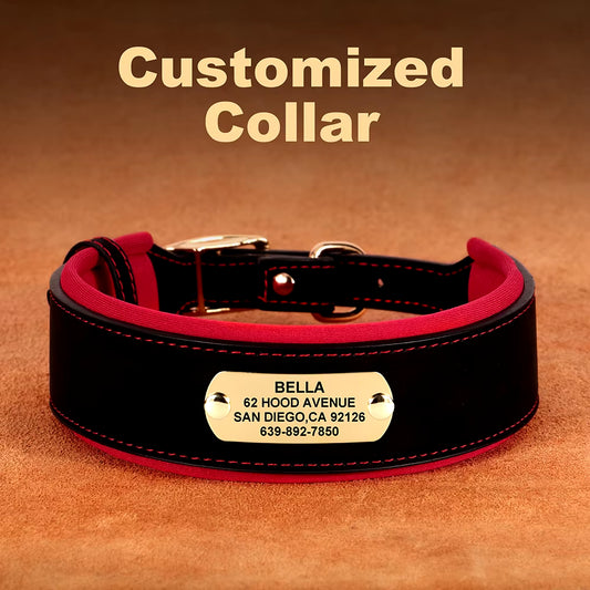 Customized Engraved Dog Collar Wide Leather Dog Collar Large Soft Padded Pet Dog Collars for Medium Large Dogs Free Engraving