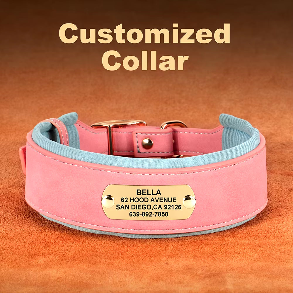 Customized Engraved Dog Collar Wide Leather Dog Collar Large Soft Padded Pet Dog Collars for Medium Large Dogs Free Engraving