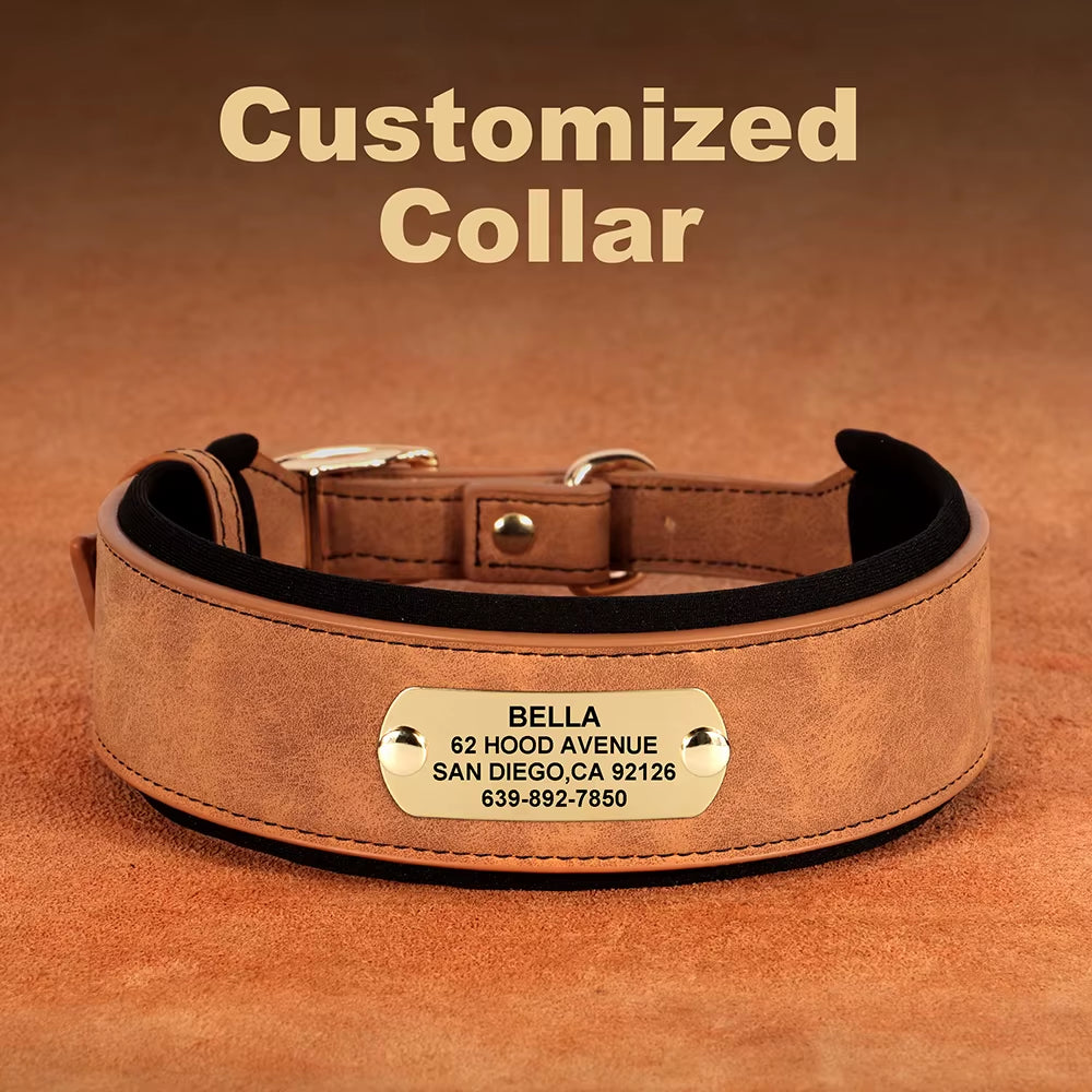 Customized Engraved Dog Collar Wide Leather Dog Collar Large Soft Padded Pet Dog Collars for Medium Large Dogs Free Engraving