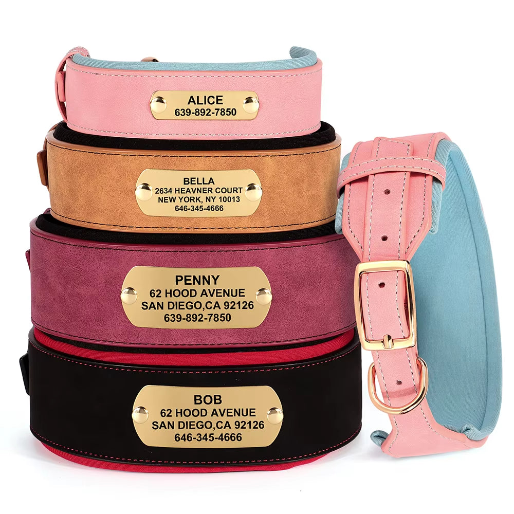 Customized Engraved Dog Collar Wide Leather Dog Collar Large Soft Padded Pet Dog Collars for Medium Large Dogs Free Engraving