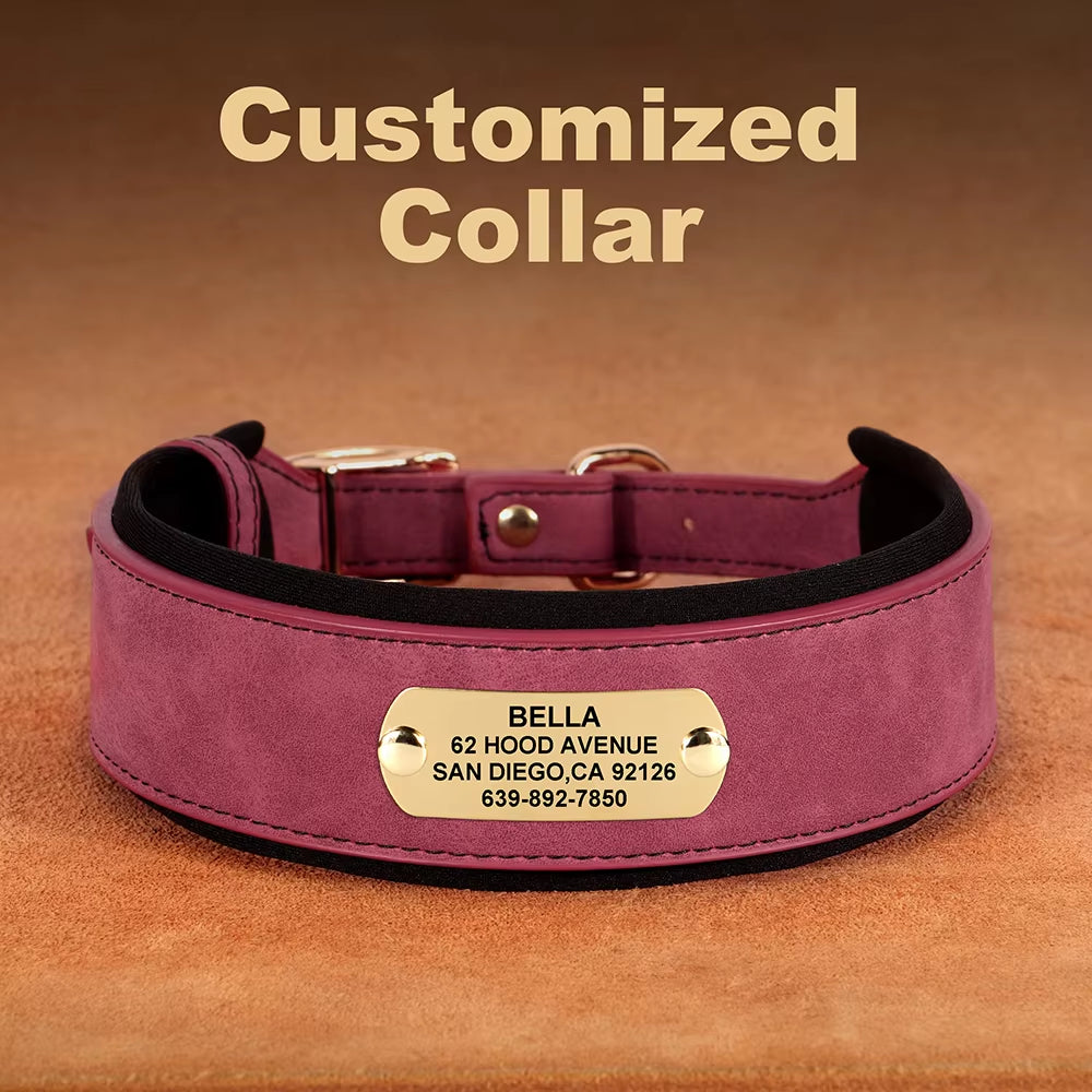 Customized Engraved Dog Collar Wide Leather Dog Collar Large Soft Padded Pet Dog Collars for Medium Large Dogs Free Engraving